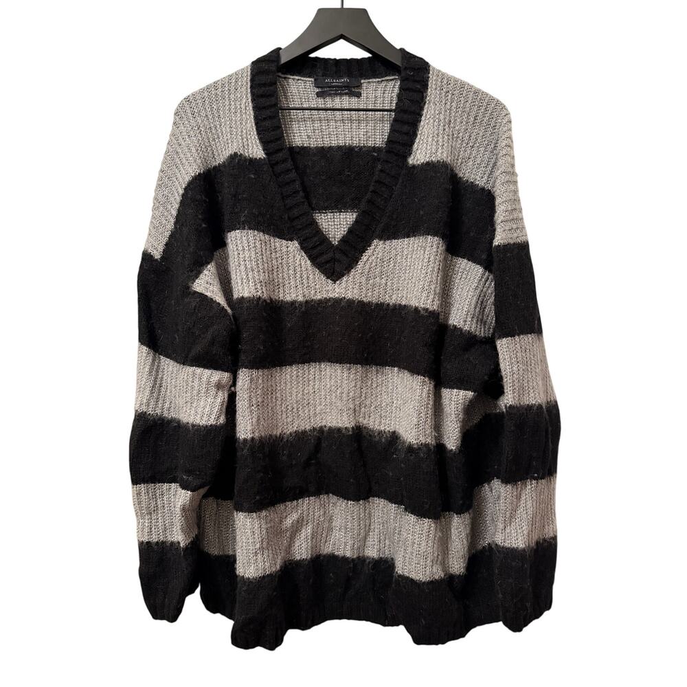 AllSaints Lou V Neck Sparkle Stripe Sweater Jumper Women M Medium Black Grey